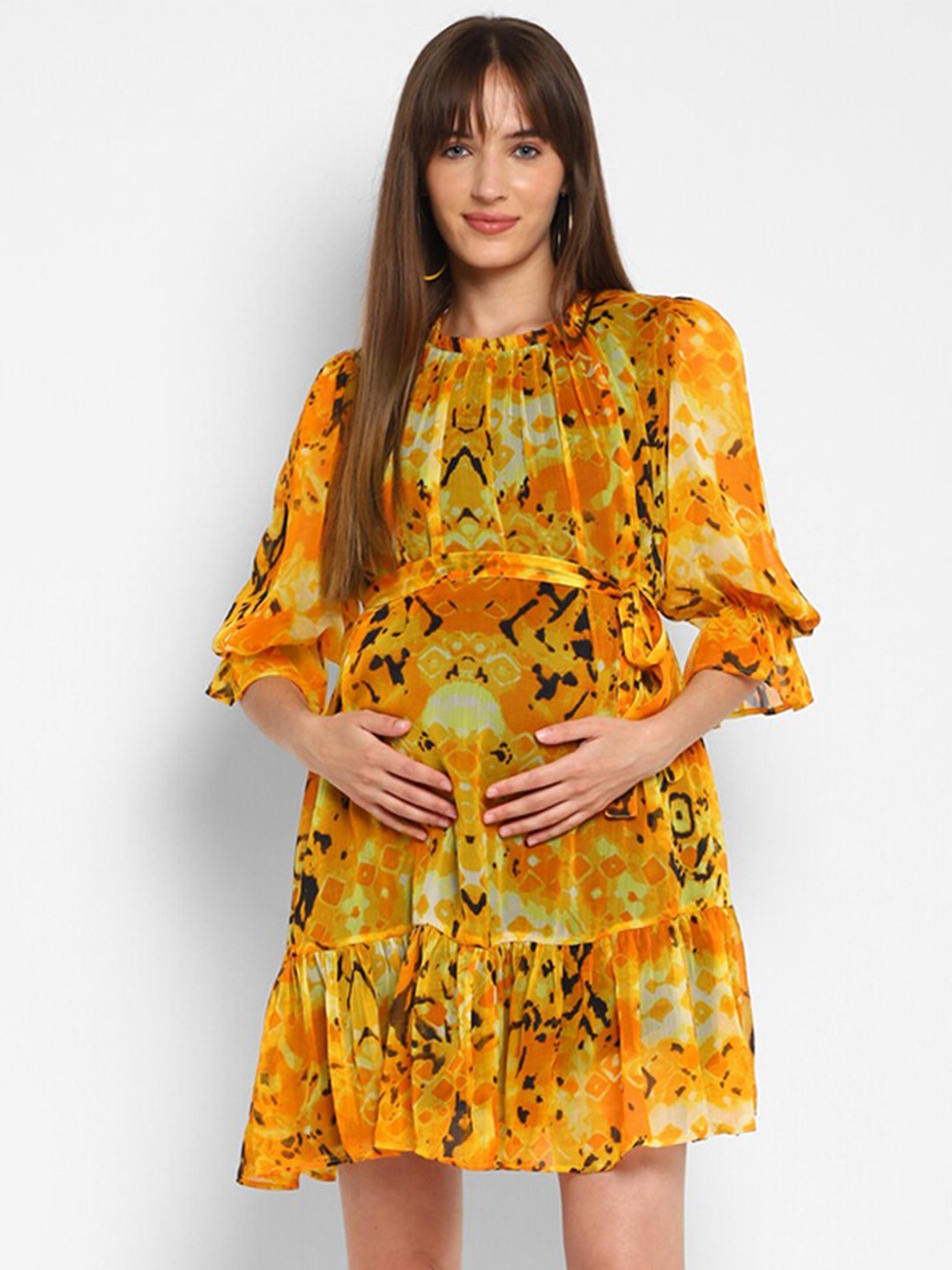 

Momsoon Maternity Abstract Printed Puff Sleeves Chiffon Maternity A-Line Mini Dress, Yellow