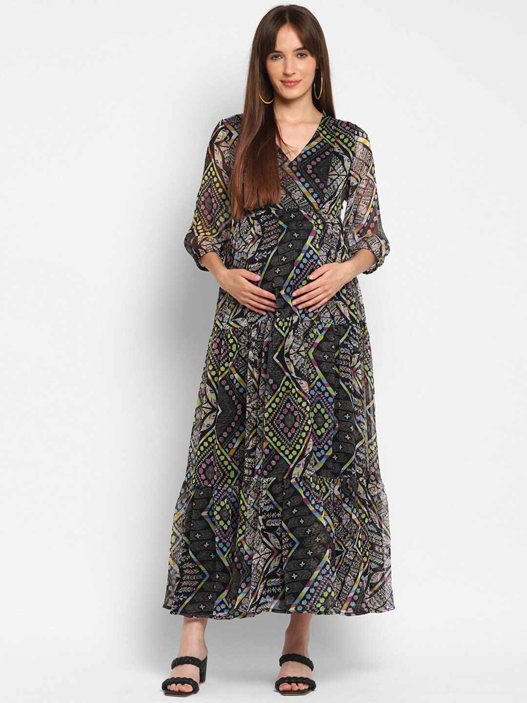 

Momsoon Maternity Ethnic Motifs Printed V-Neck Tiered Chiffon Maxi Maternity Dress, Black