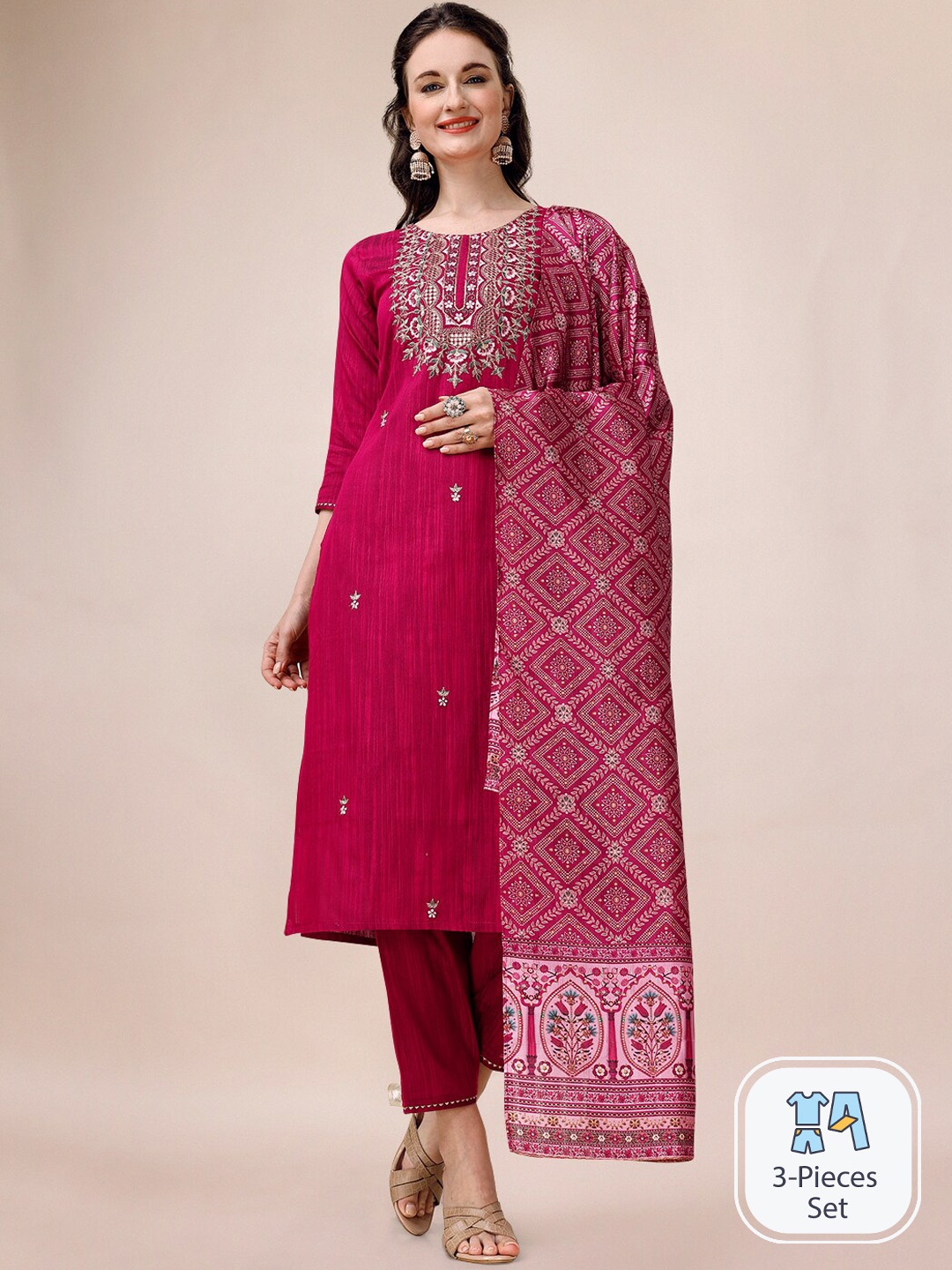 

KALINI Ethnic Motifs Embroidered Zari Chanderi Cotton Kurta with Trousers & Dupatta, Pink