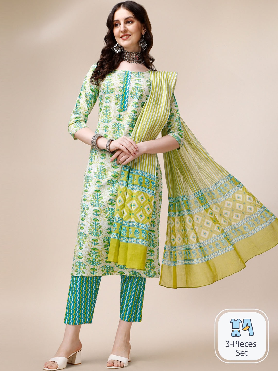 

KALINI Floral Printed Gotta Patti Pure Cotton Kurta with Trousers & Dupatta, Green