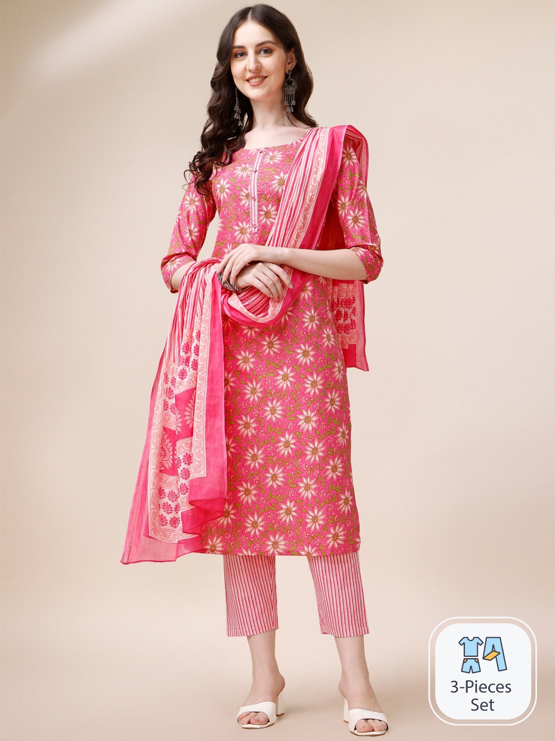 

KALINI Floral Printed Gotta Patti Pure Cotton Kurta with Trousers & Dupatta, Pink