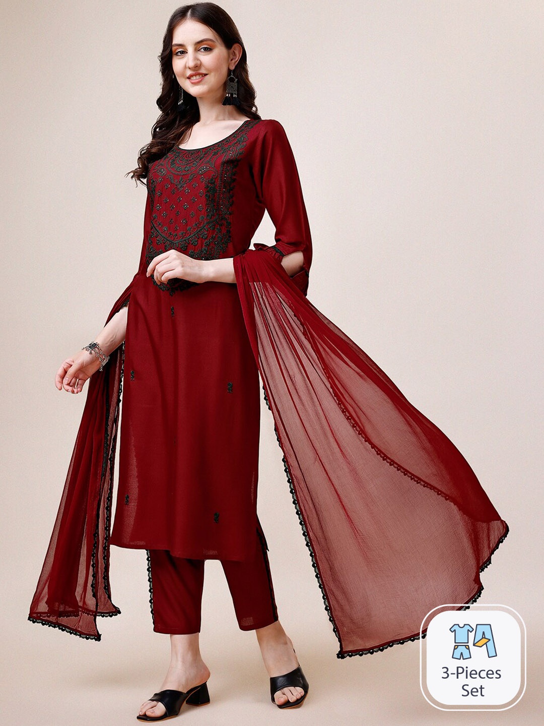 

Berrylicious Ethnic Motifs Embroidered Kurta with Trousers & With Dupatta, Maroon