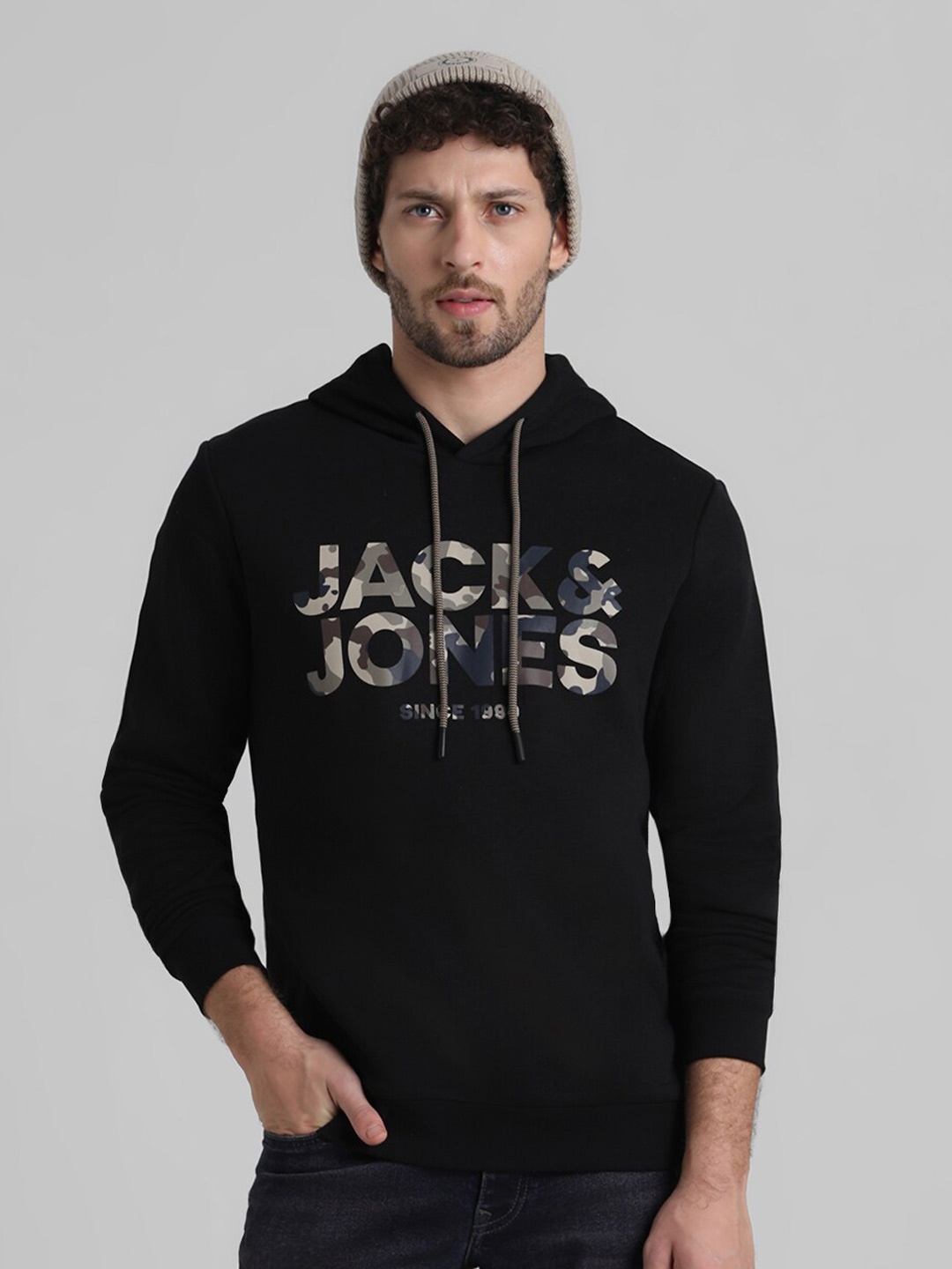 

Jack & Jones Brand Logo Printed Hooded Sweatshirt, Black