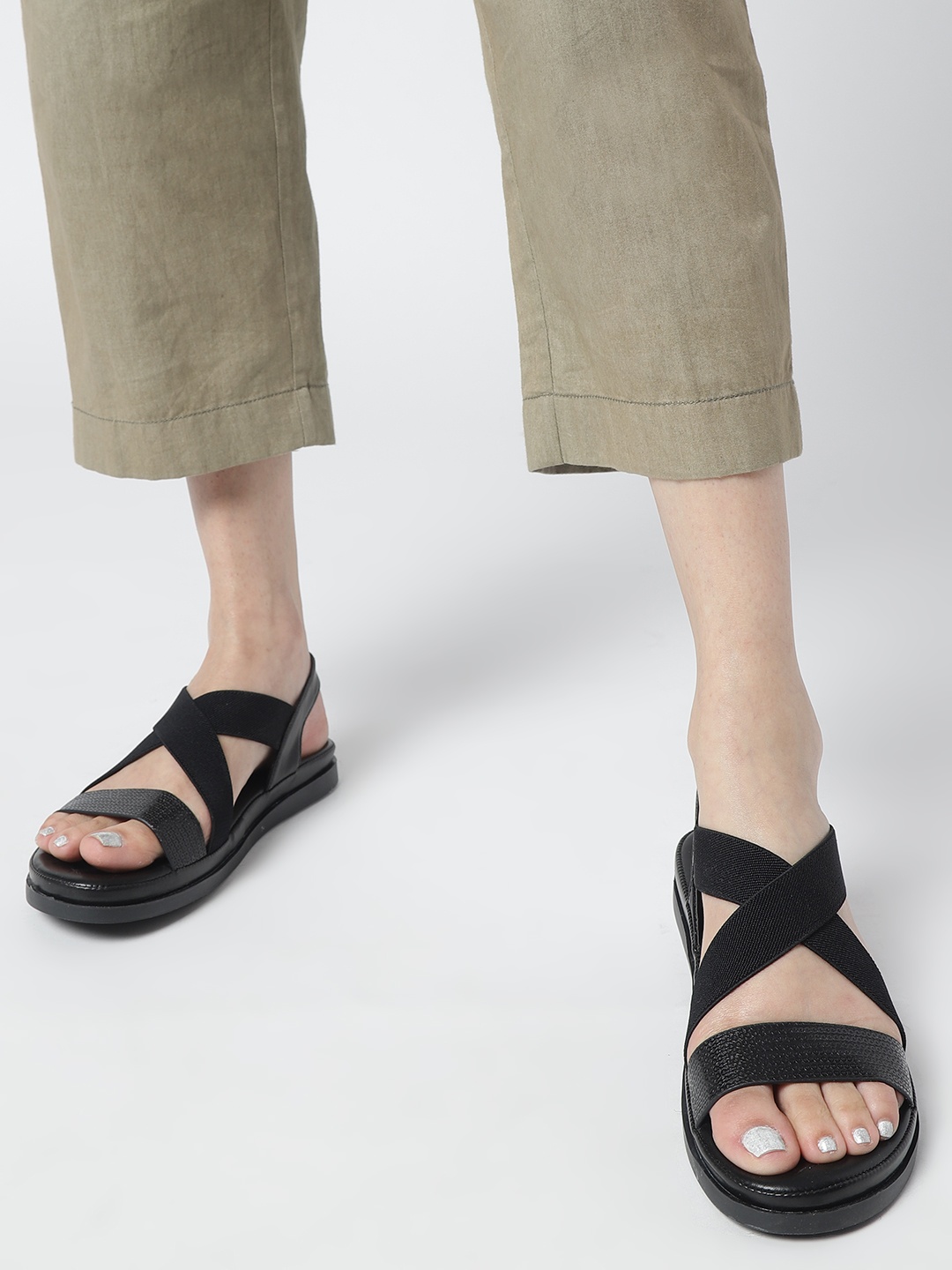 

Marc Loire Textured Double Strap Open Toe Flats With Backstrap, Black