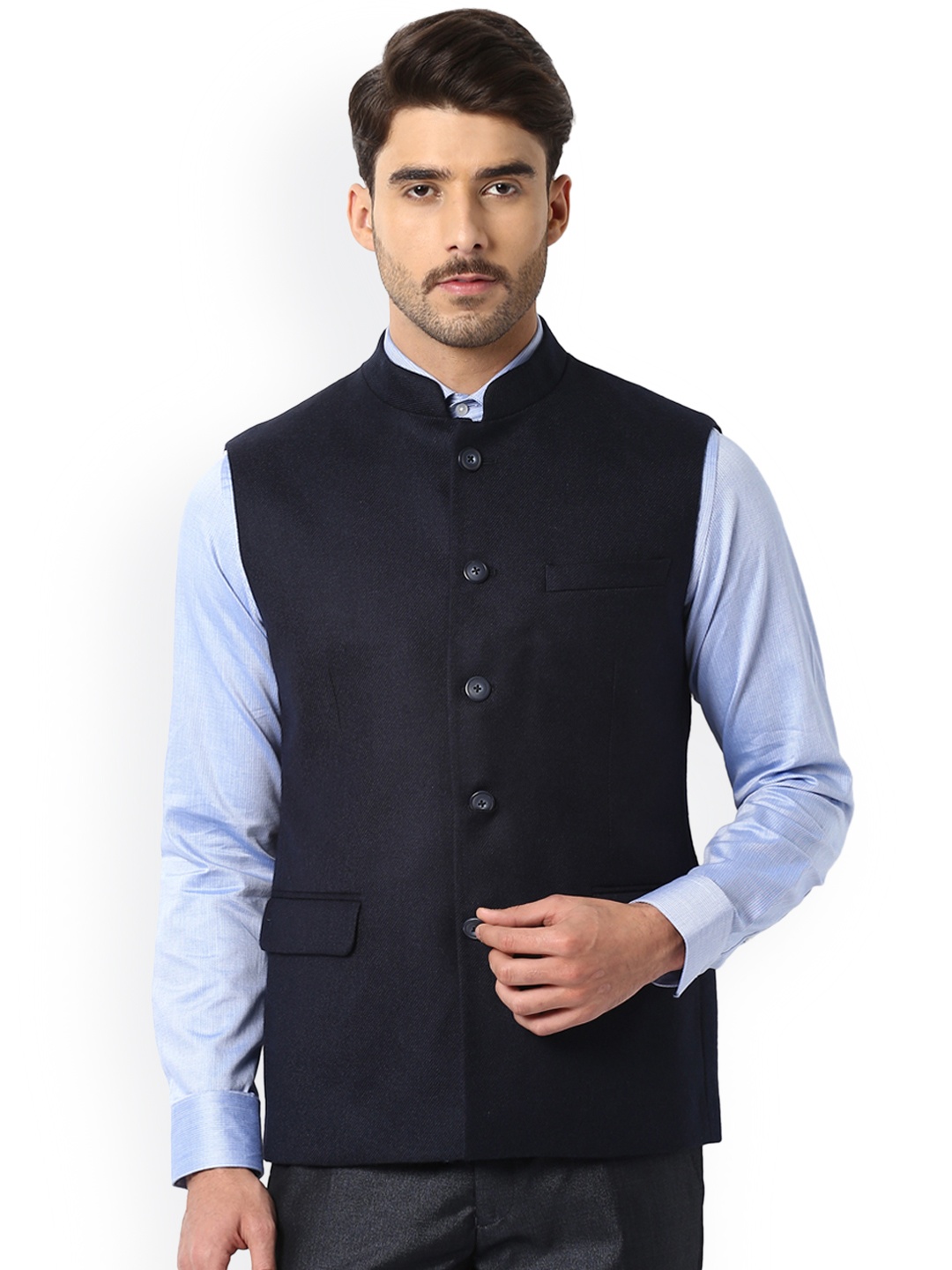 

Van Heusen Navy Blue Solid Nehru Jacket