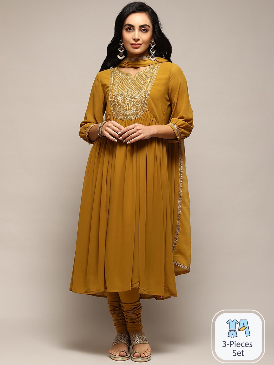 

Biba Ethnic Motifs Yoke Design Sequinned Kurta & Churidar With Dupatta, Mustard