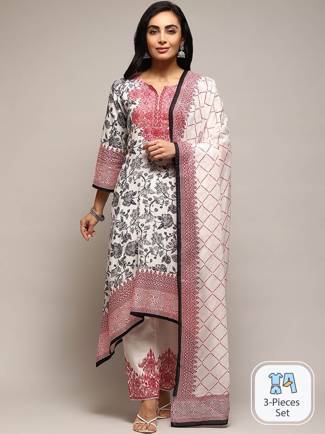 

Biba Floral Printed Pure Cotton Kurta & Trousers With Dupatta, White