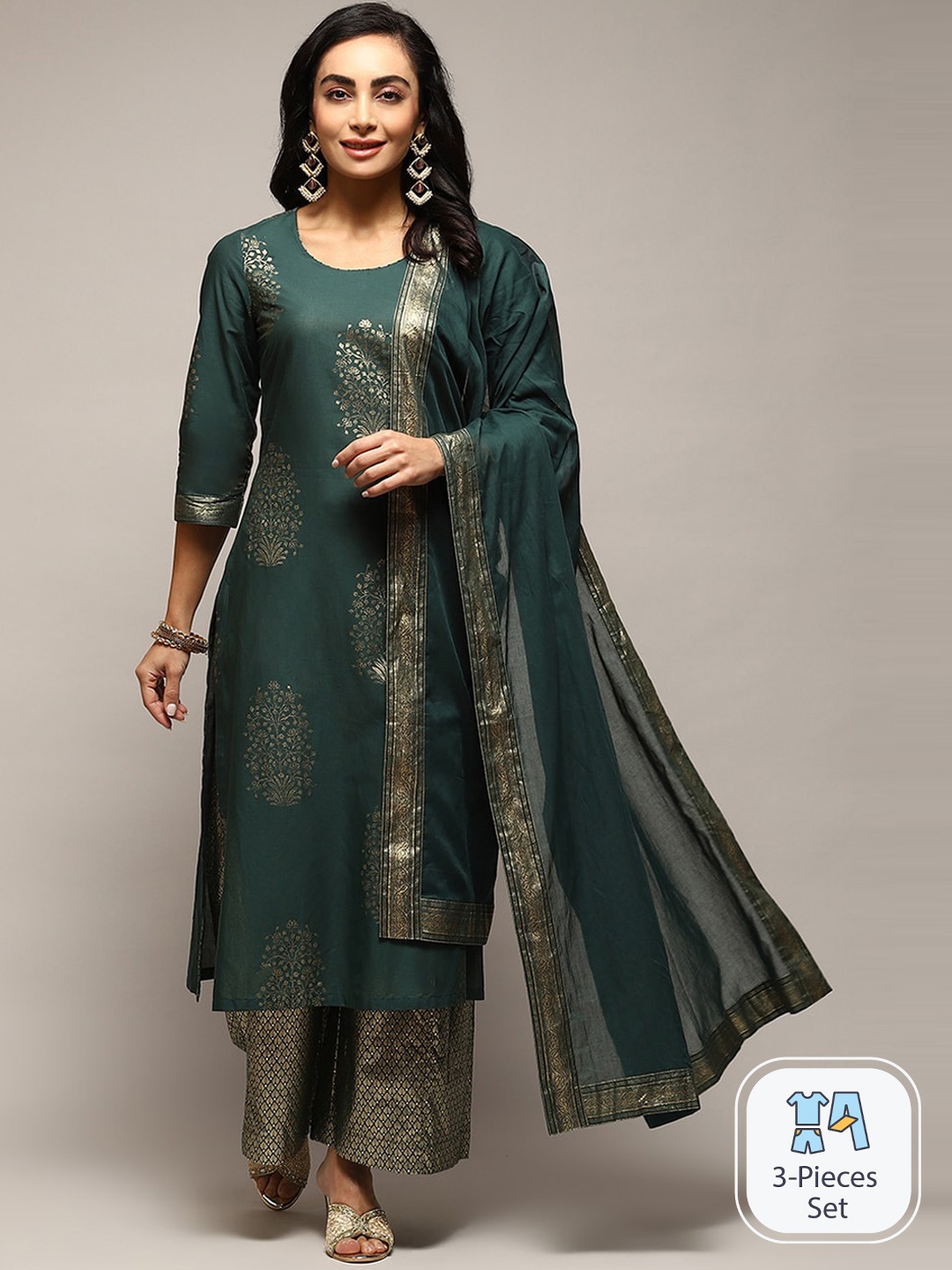 

Biba Ethnic Motifs Printed Pure Cotton Kurta & Palazzos With Dupatta, Green