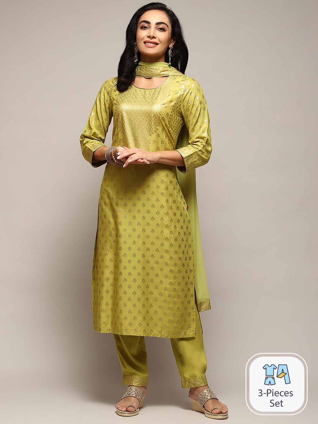 

Biba Floral Printed Straight Kurta & Trousers With Dupatta, Green