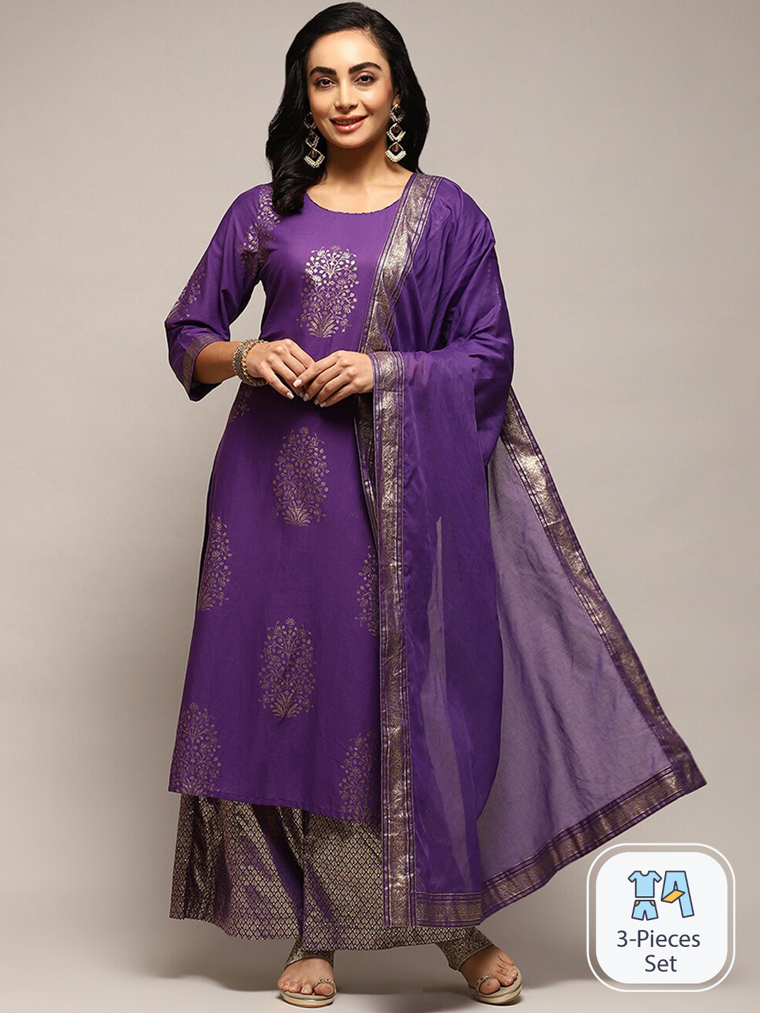 

Biba Ethnic Motifs Printed Pure Cotton Kurta & Palazzos With Dupatta, Purple