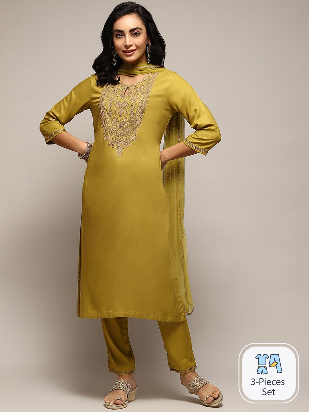 

Biba Ethnic Motifs Yoke Design Thread Work Kurta & Trousers With Dupatta, Lime green