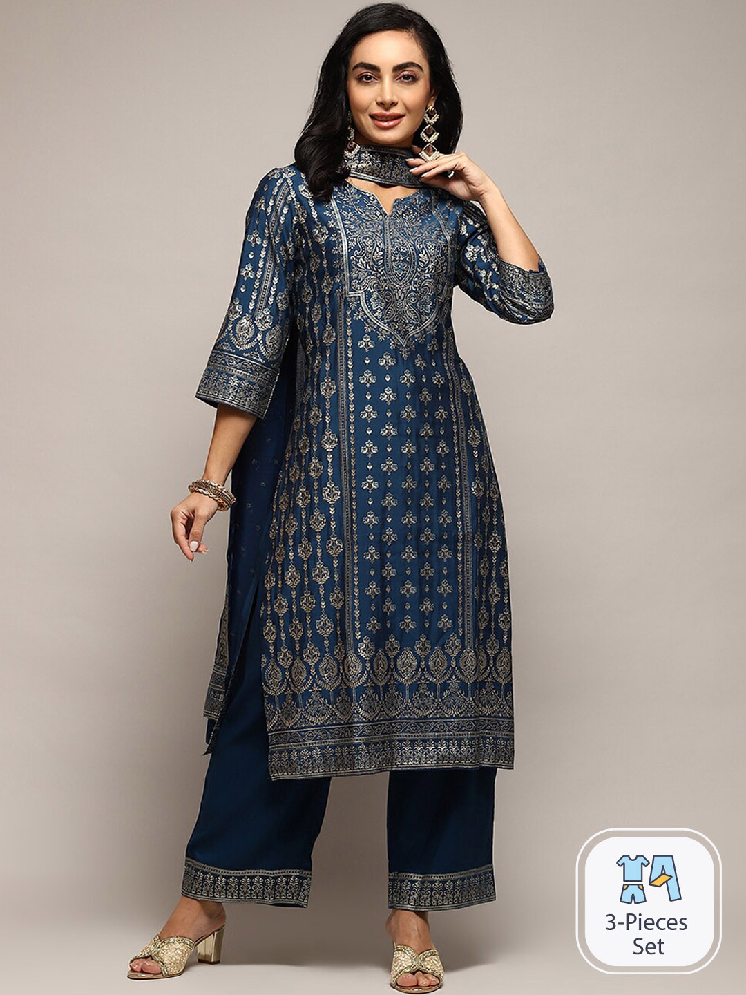 

Biba Ethnic Motifs Printed Kurta & Palazzos With Dupatta, Teal