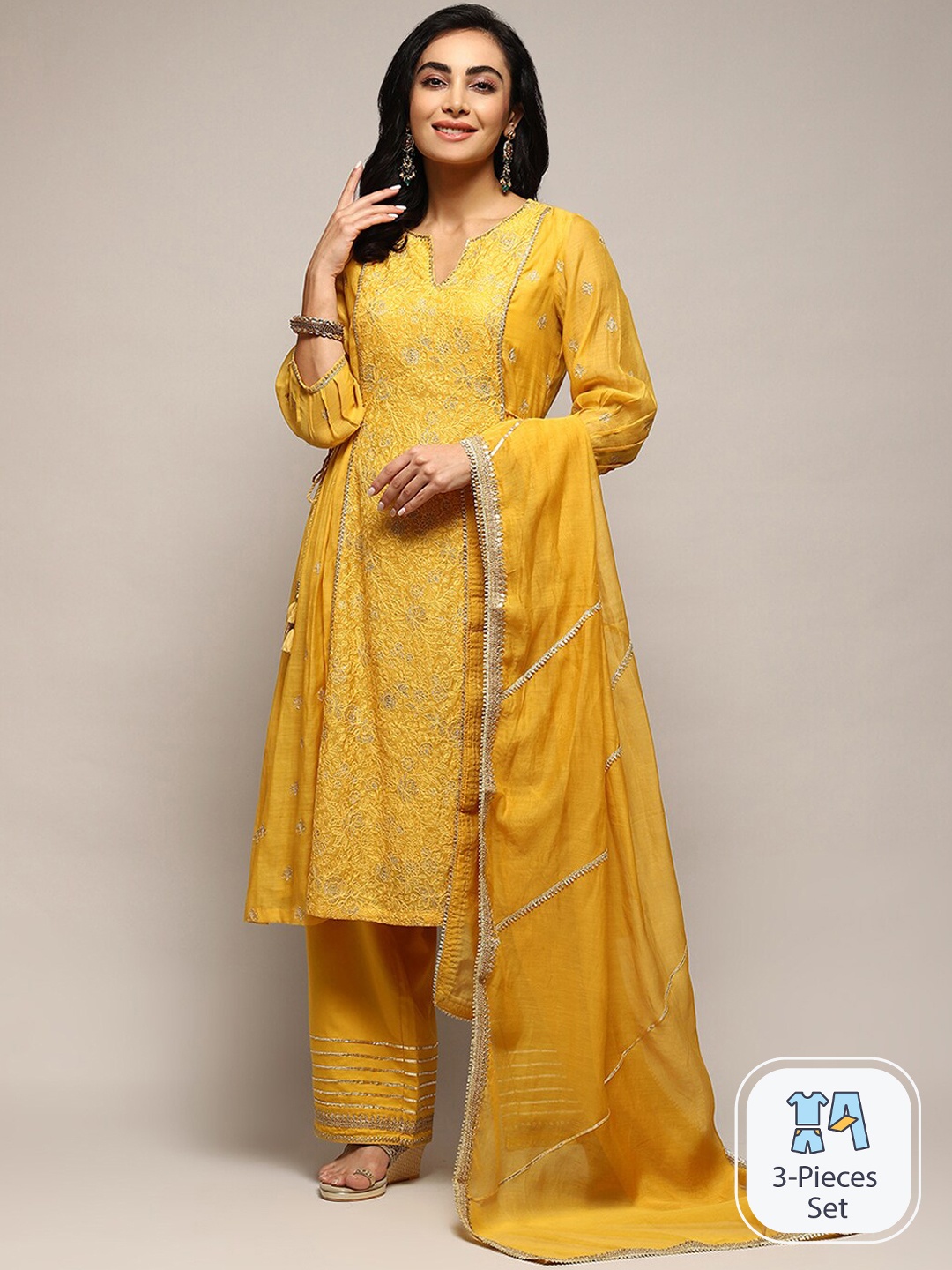 

Biba Ethnic Motifs Embroidered Thread Work Kurta & Palazzos With Dupatta, Yellow
