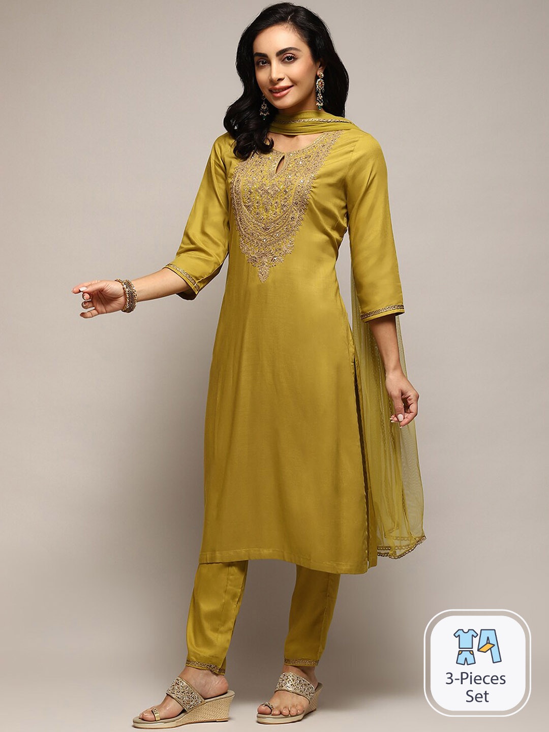 

Biba Ethnic Motifs Yoke Design Sequinned Regular Kurta With Trousers & Dupatta, Lime green