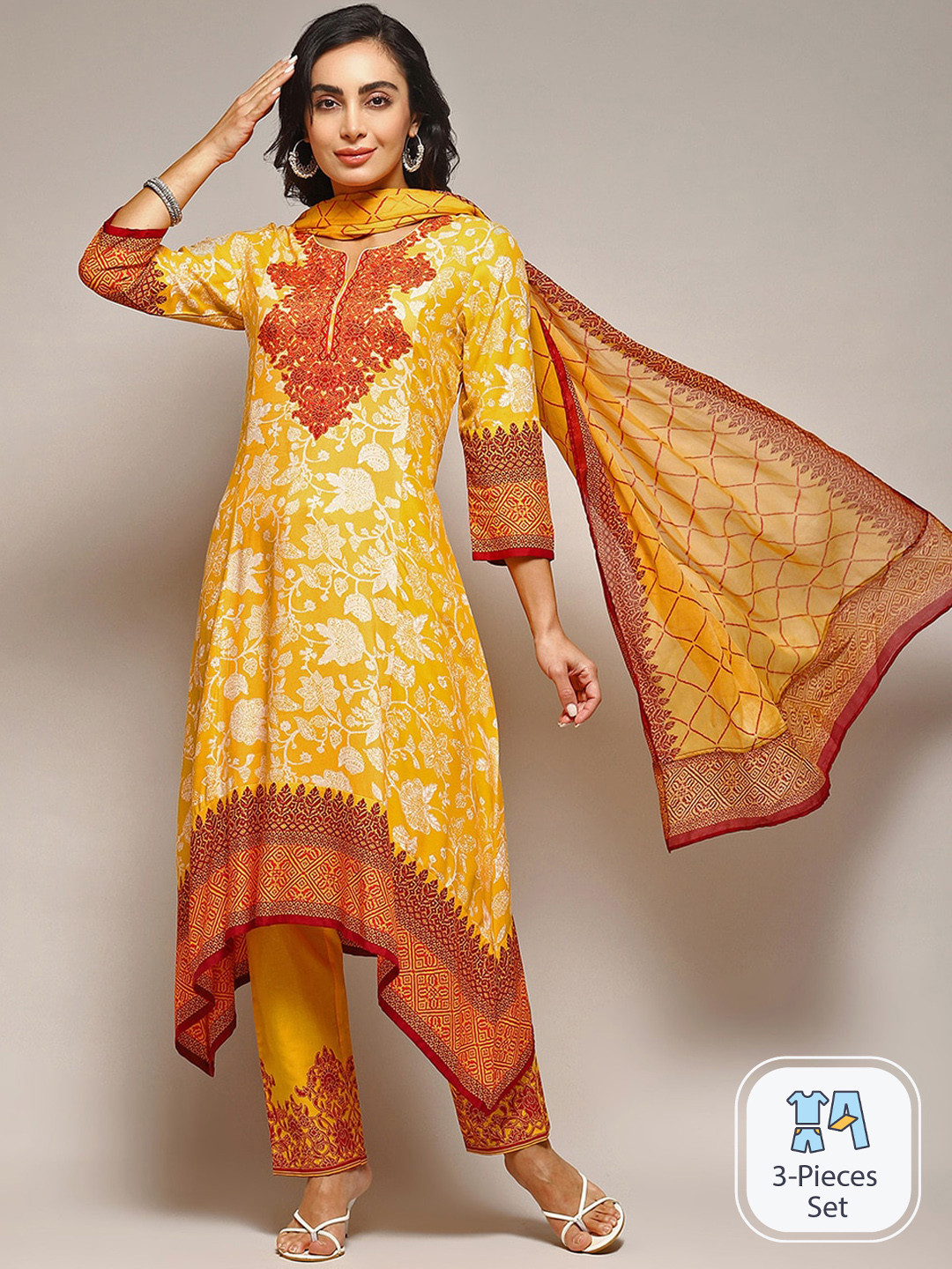 

Biba Floral Printed Regular Pure Cotton Kurta With Trousers & Dupatta, Yellow