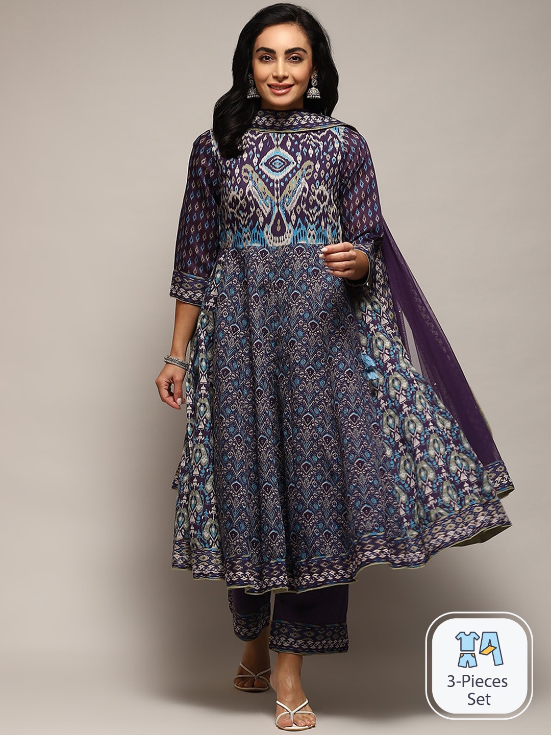 

Biba Ethnic Motifs Printed Anarkali Pure Cotton Kurta With Palazzos & Dupatta, Blue