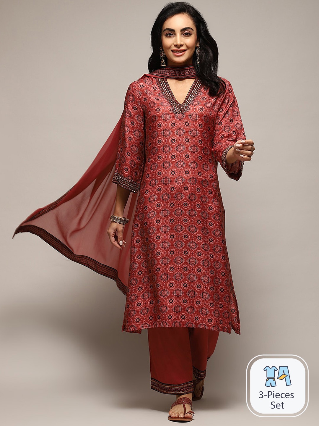 

Biba Ethnic Motifs Printed Sequined Straight Kurta & Palazzos With Dupatta, Pink