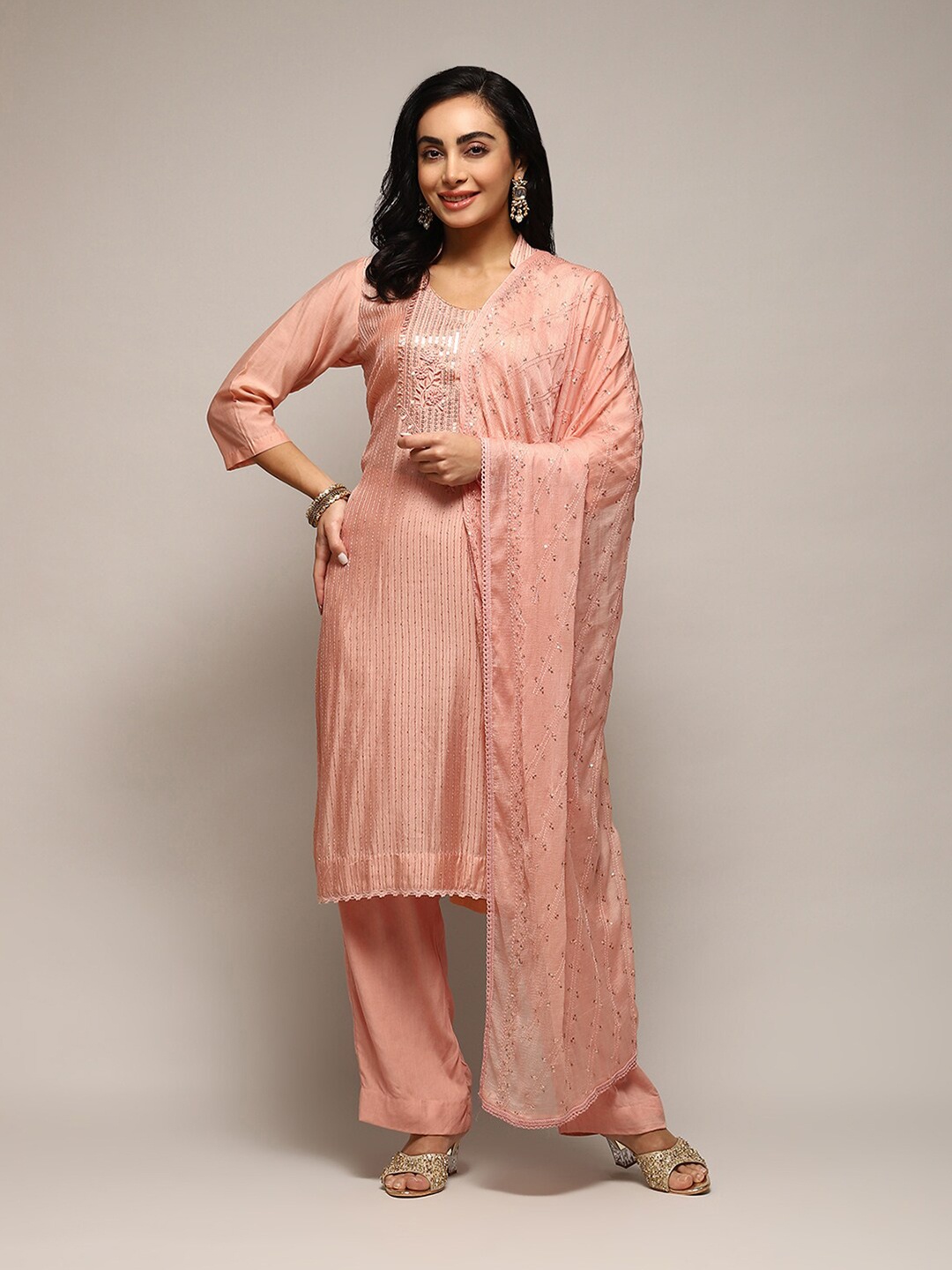 

Biba Ethnic Motif Embroidered With Sequinned Unstitched Dress Material, Peach