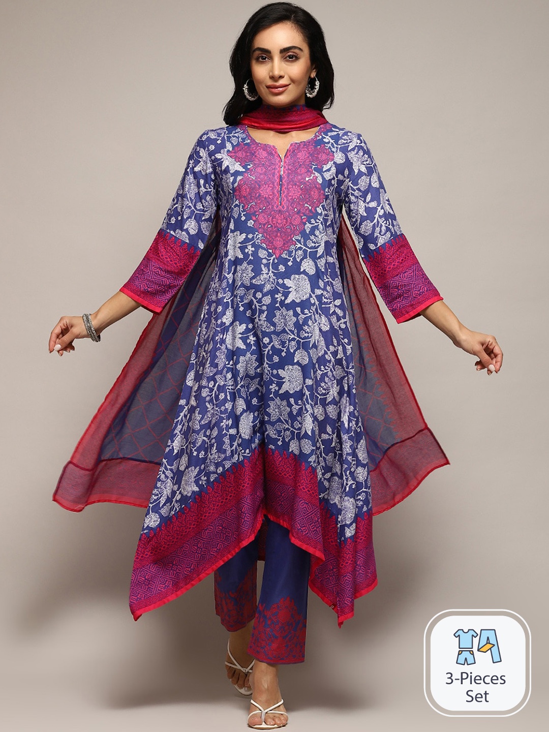 

Biba Floral Printed Pure Cotton Indigo A-Line Kurta & Trousers With Dupatta, Blue