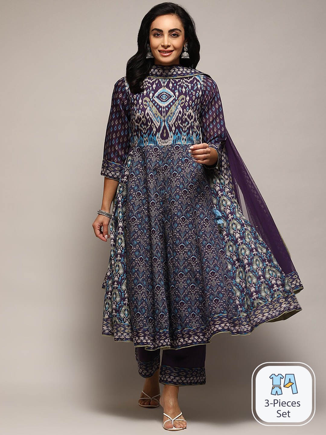 

Biba Ethnic Motifs Printed Pure Cotton Anarkali Kurta & Palazzos With Dupatta, Navy blue