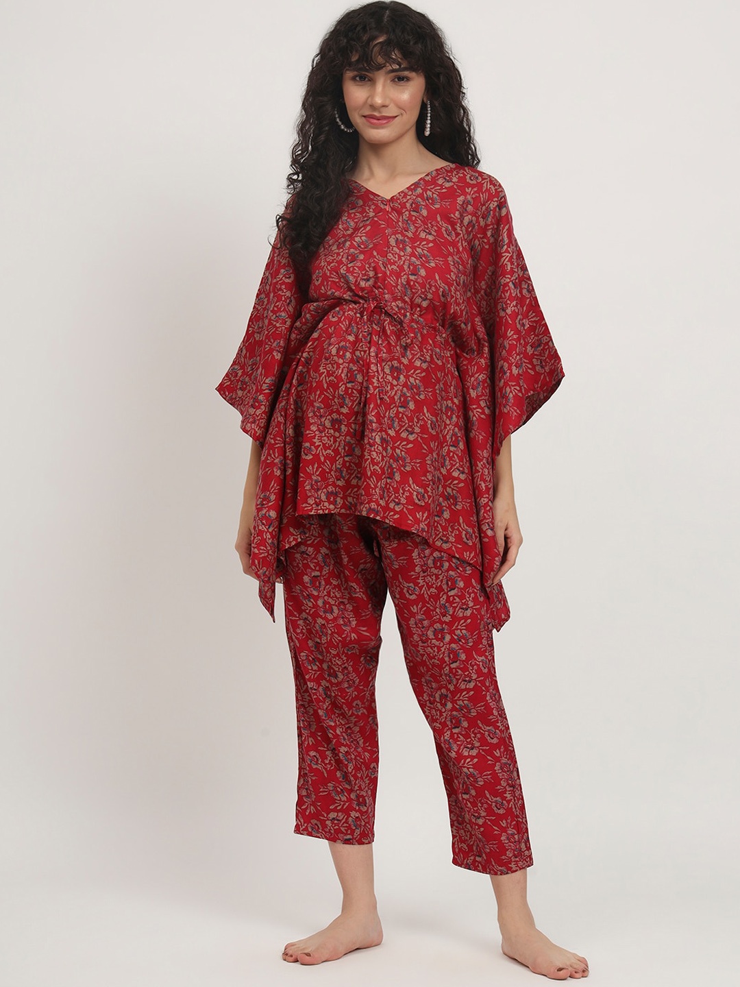 

Aujjessa Floral Printed Maternity Kaftan Night suit, Red