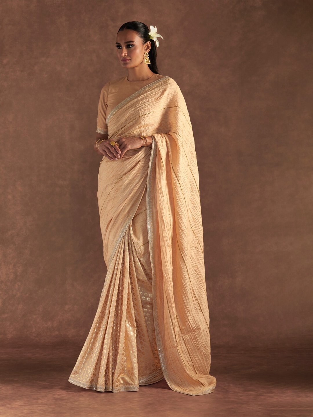 

Masaba Striped Sequinned Raw Silk Saree, Beige