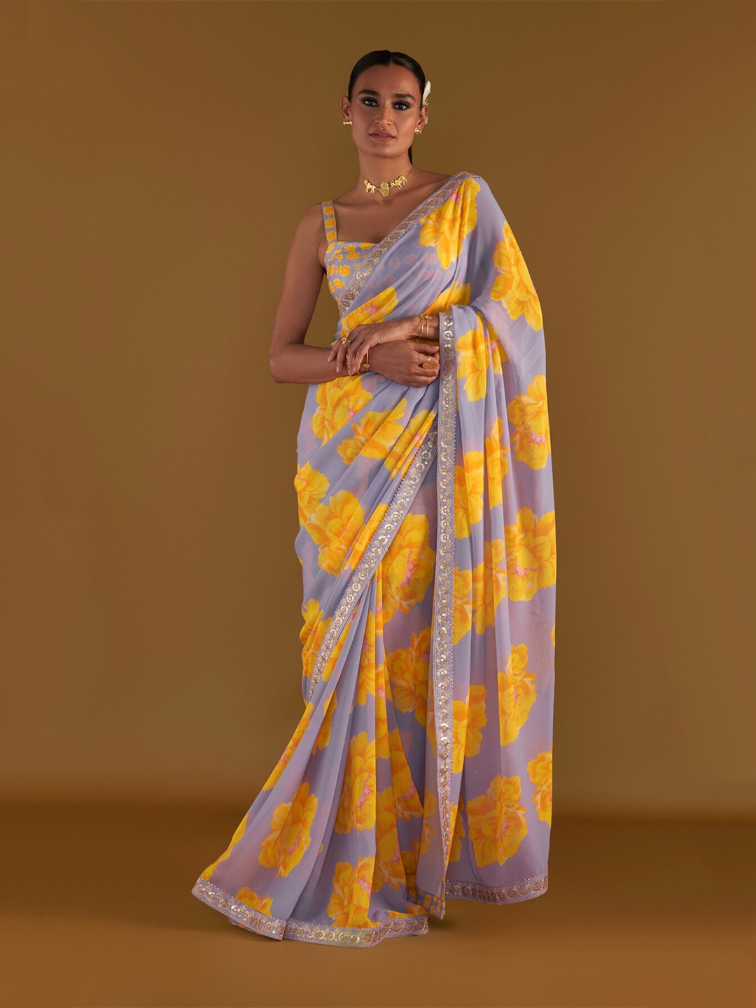 

Masaba Floral Printed Sequinned Pure Georgette Saree, Lavender