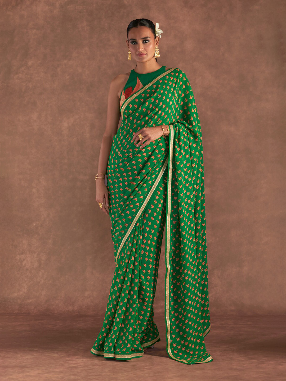 

Masaba Floral Printed Embroidered Pure Georgette Saree, Green