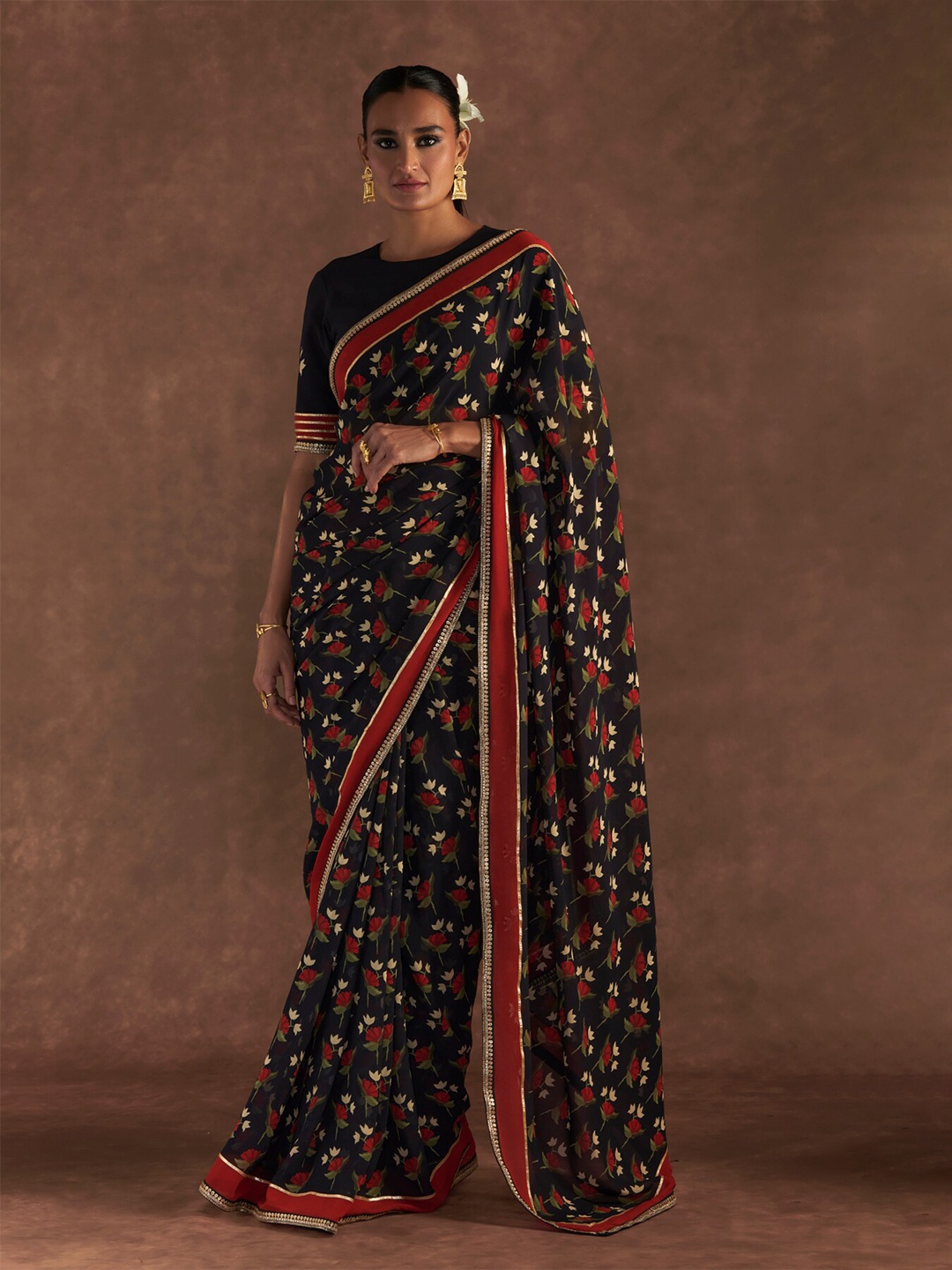 Masaba Floral Printed Sequinned Pure Georgette Saree, Black