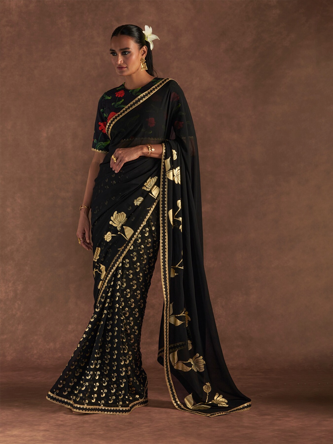 

Masaba Floral Printed Gotta Patti Pure Georgette Saree, Black