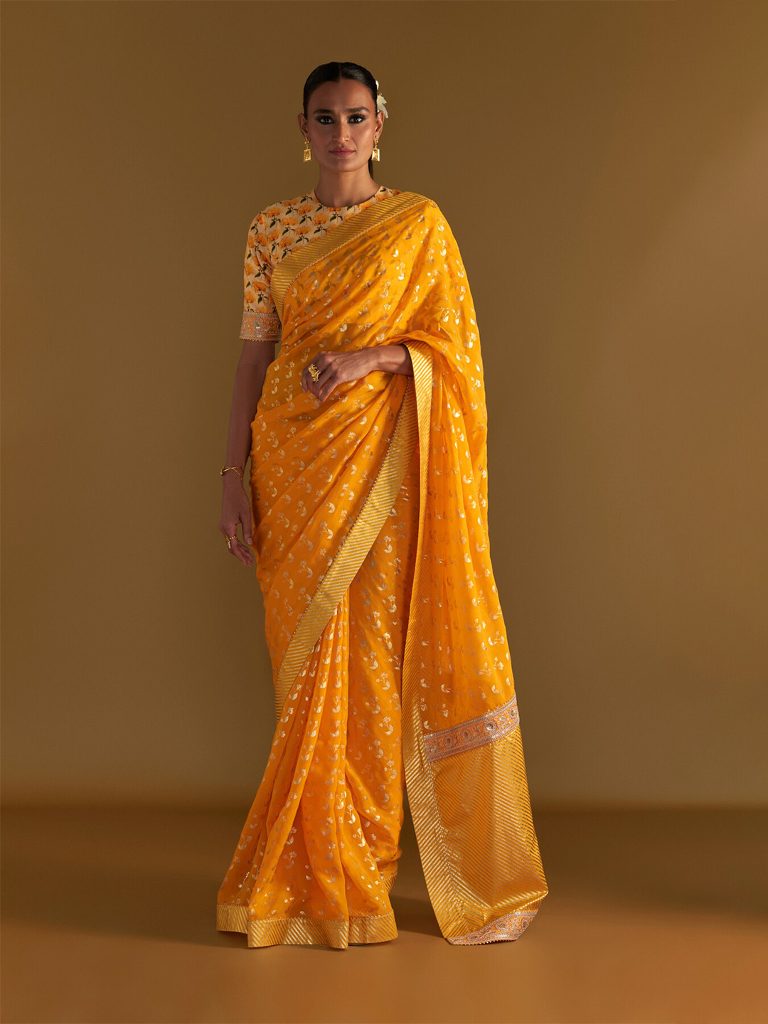 

Masaba Floral Printed Sequinned Organza Saree, Yellow