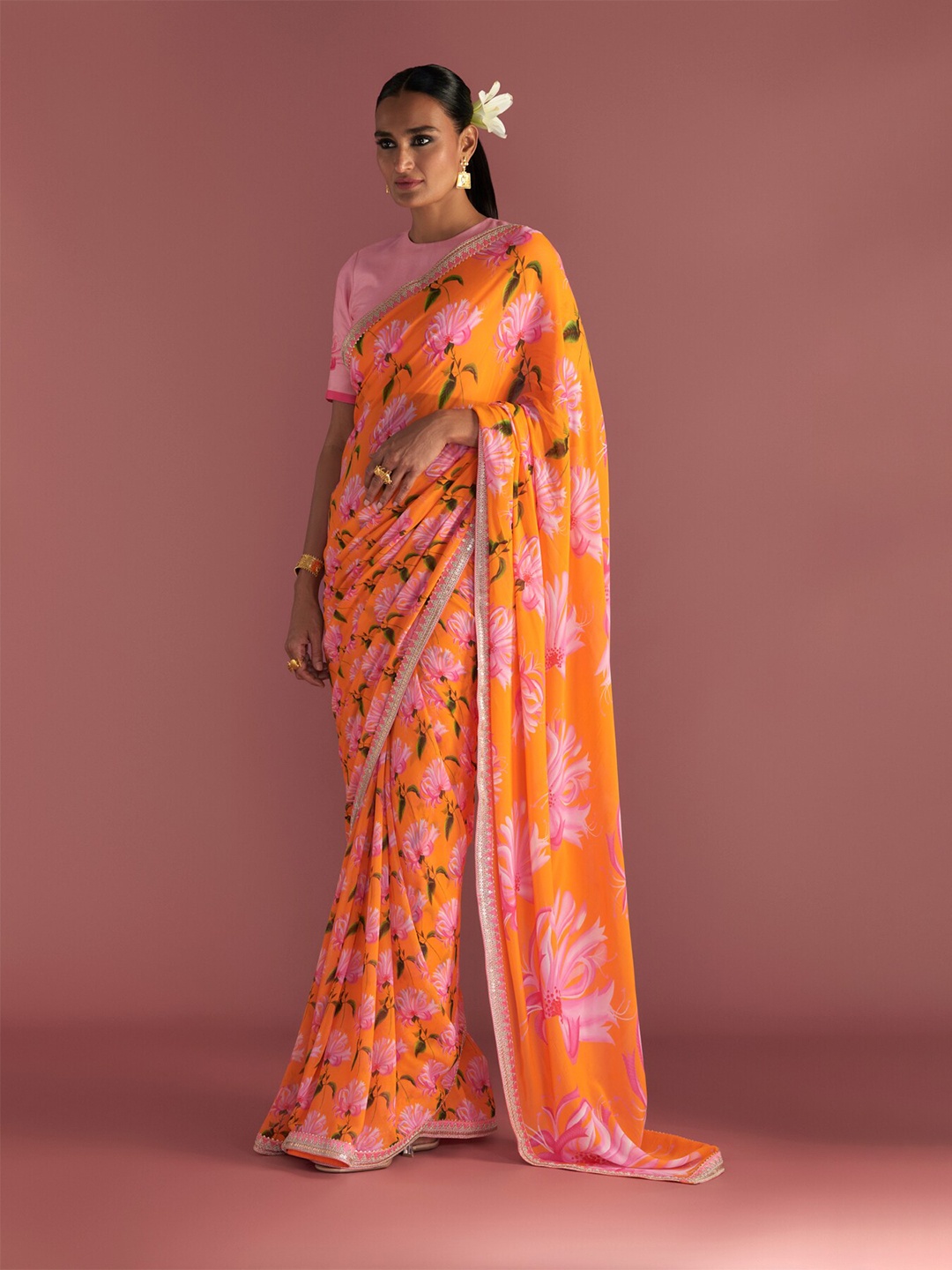 

Masaba Floral Printed Sequinned Pure Georgette Saree, Orange