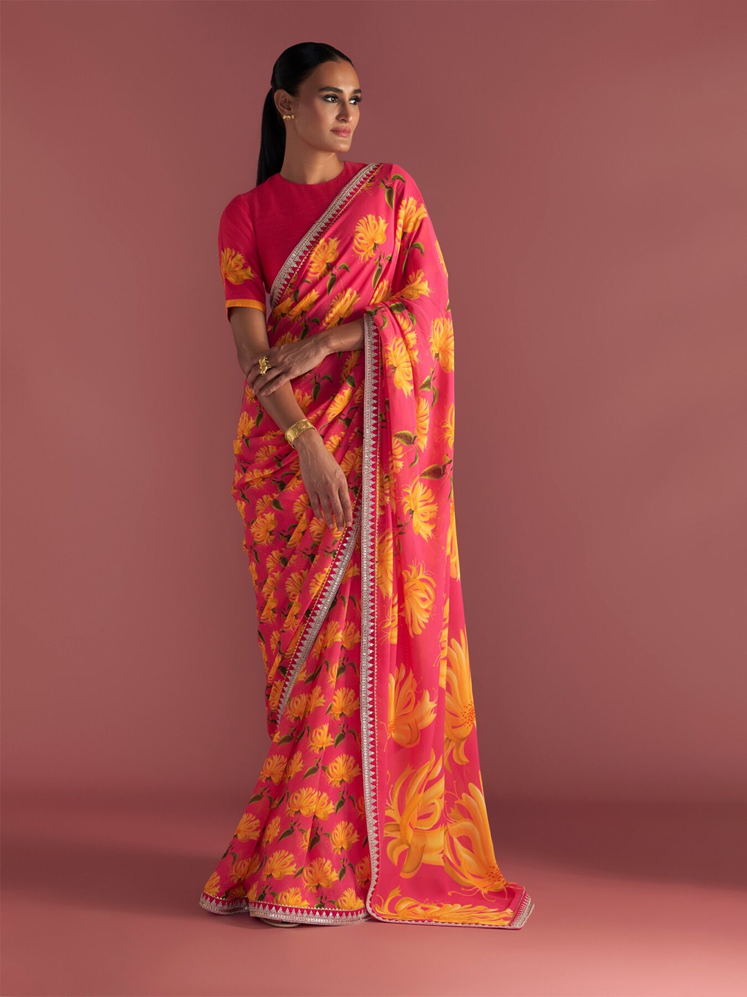 Masaba Floral Printed Pure Georgette Saree, Pink