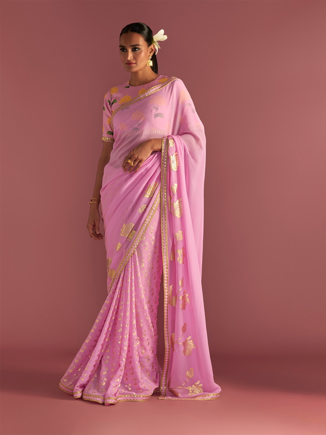 

Masaba Floral Printed Pure Georgette Saree, Pink