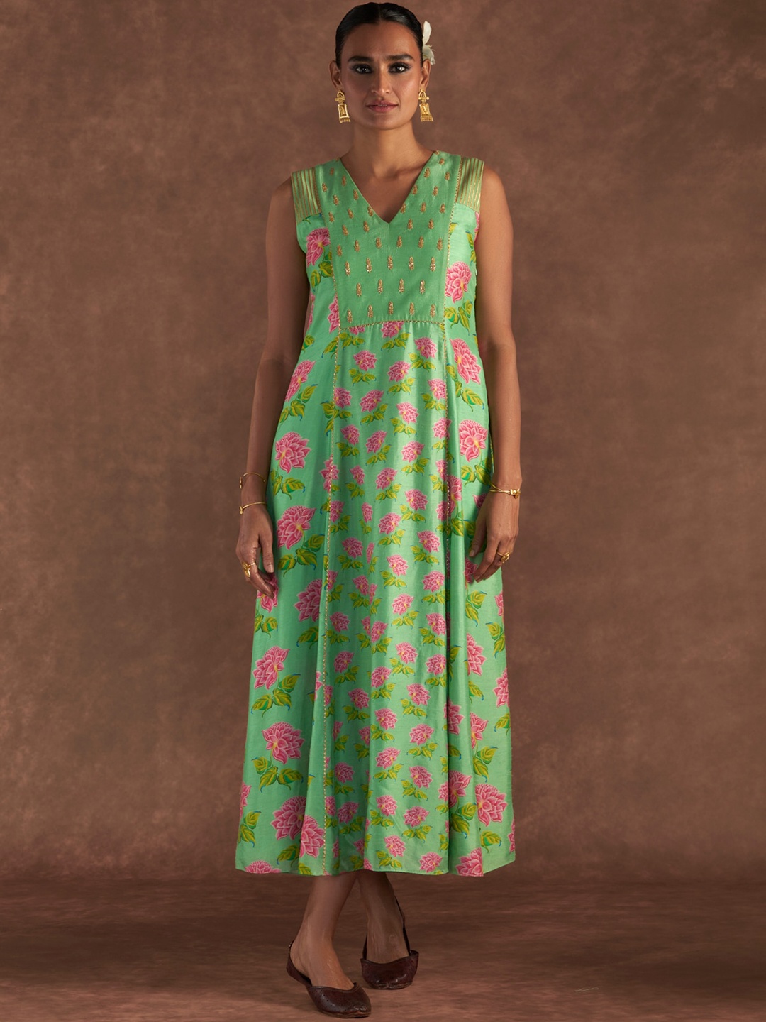 

Masaba Grace Floral Printed A-Line Maxi Ethnic Dress, Sea green