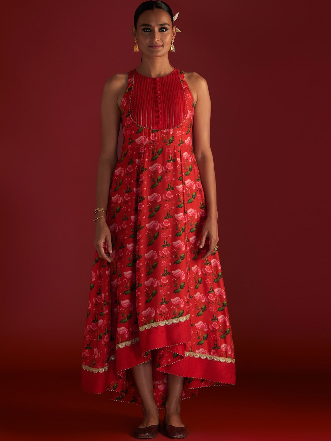 

Masaba Lily Printed Round Neck Silk Fit and Flare Ethnic Dress, Red