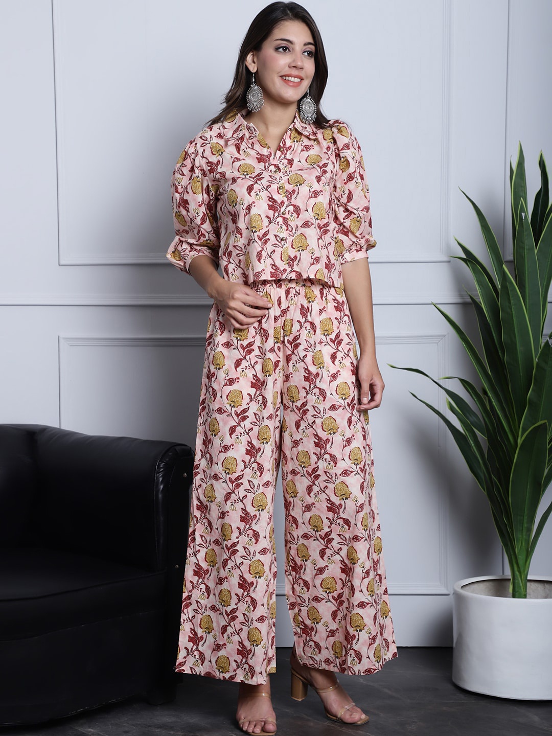 

Claura Printed Pure Cotton Shirt With Palazzos Co-Ords, Pink