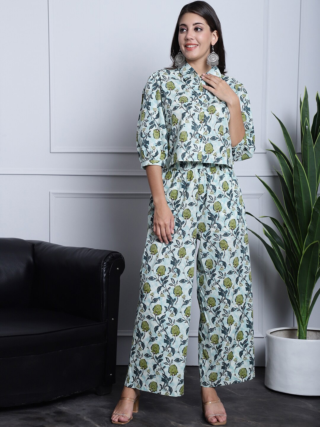 

Claura Printed Pure Cotton Shirt With Palazzos Co-Ords, Blue