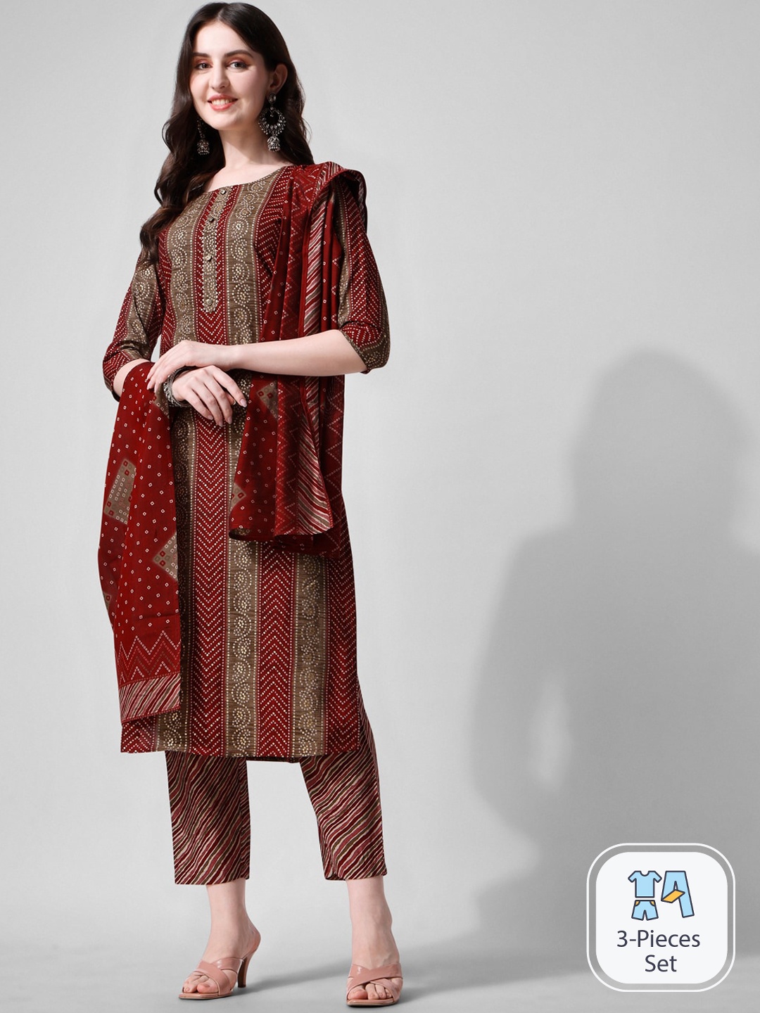

KALINI Bandhani Printed Chanderi Cotton Kurta & Trousers With Dupatta, Maroon