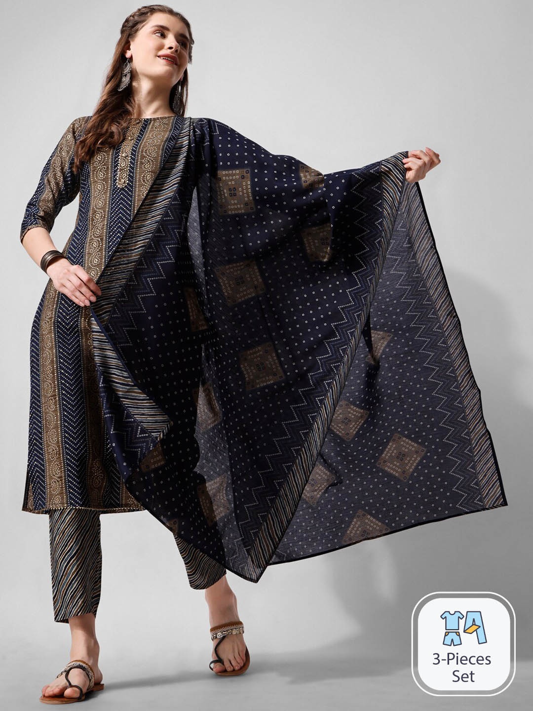 

KALINI Bandhani Printed Gotta Patti Chanderi Cotton Kurta with Trousers & Dupatta, Navy blue