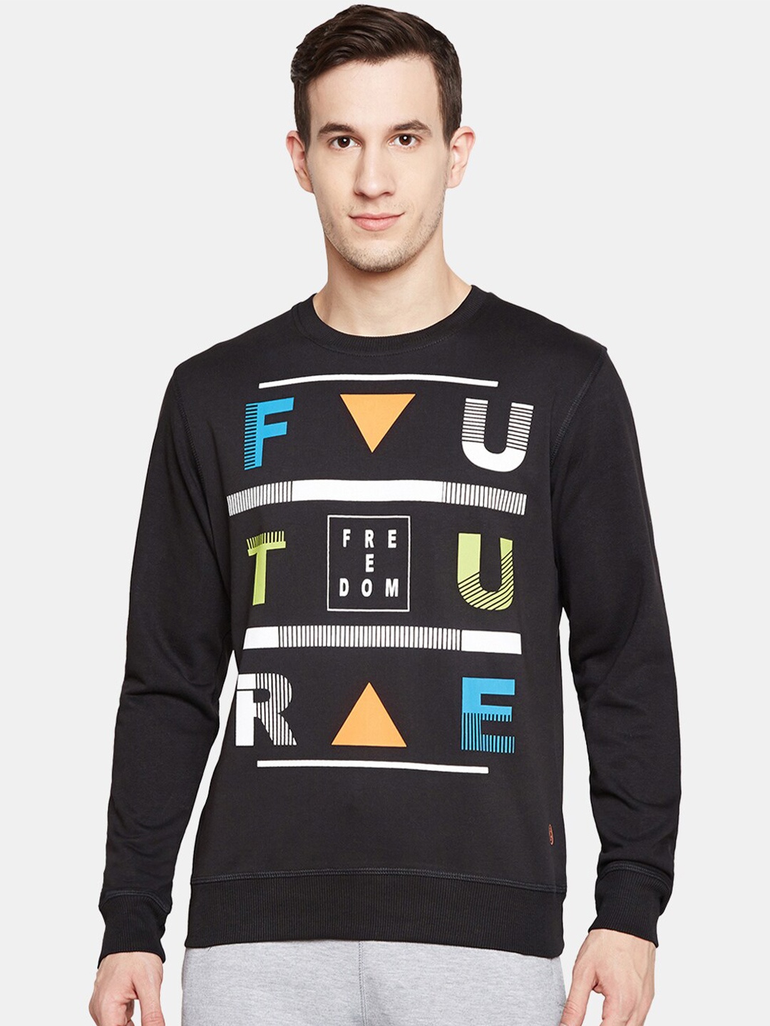 

BODYACTIVE Typography Printed Long Sleeves Cotton T-shirt, Black