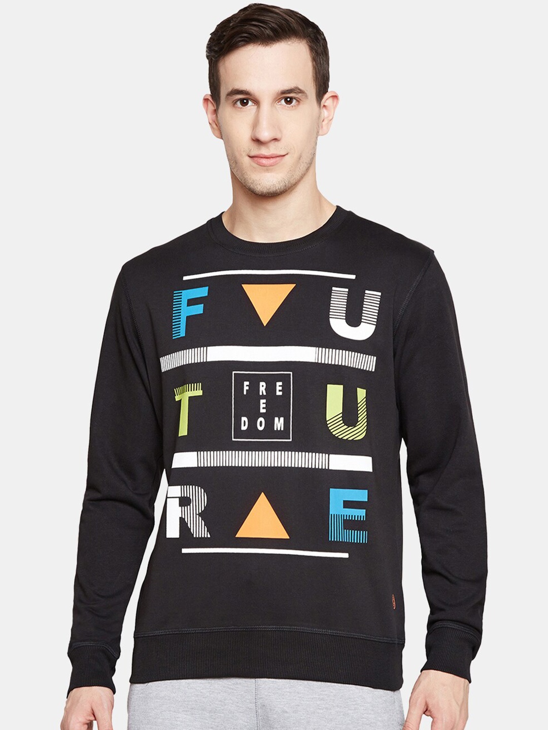 

BODYACTIVE Typography Printed Long Sleeves Cotton T-shirt, Black