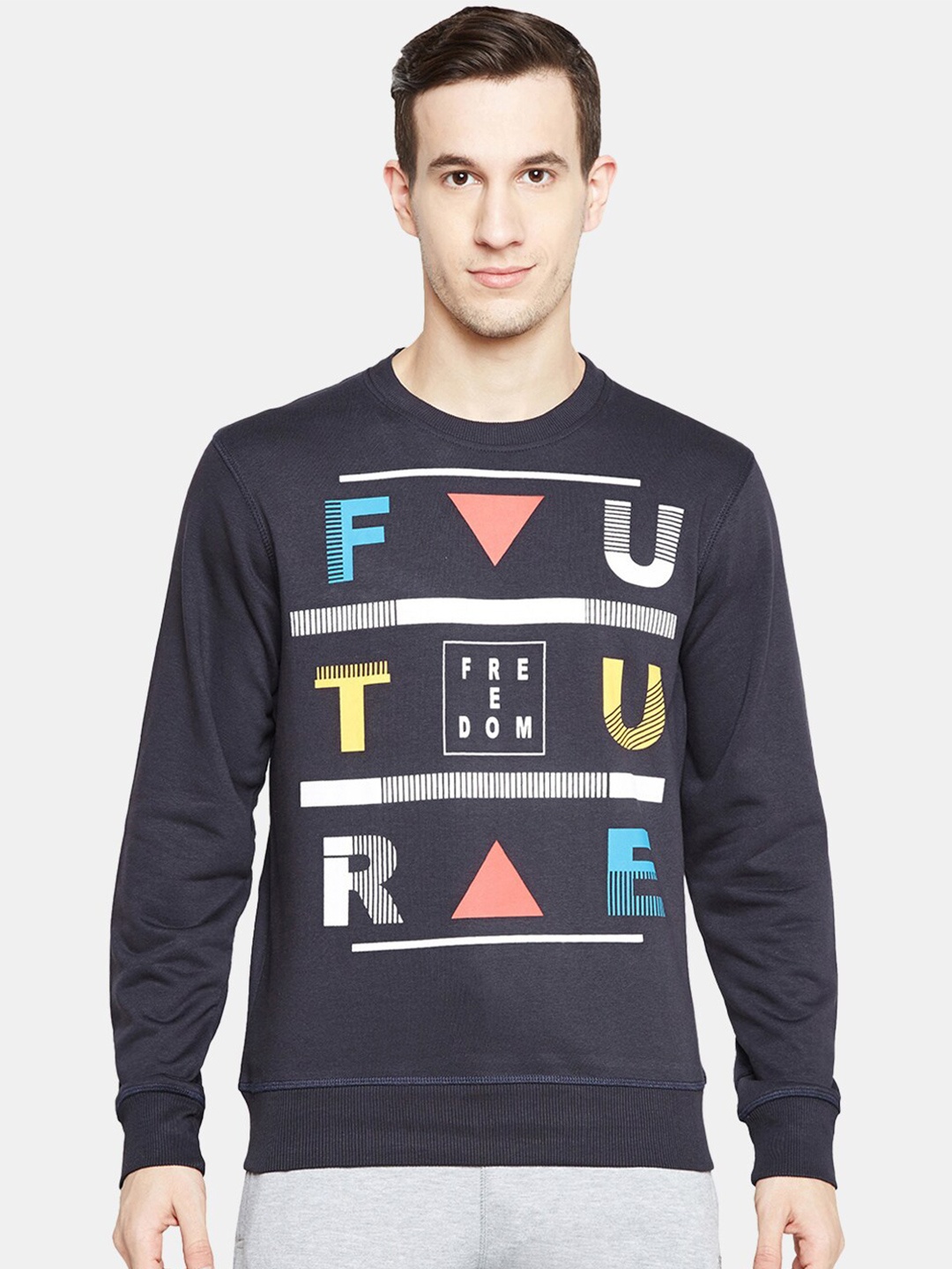 

BODYACTIVE Typography Printed Long Sleeves Cotton T-shirt, Navy blue
