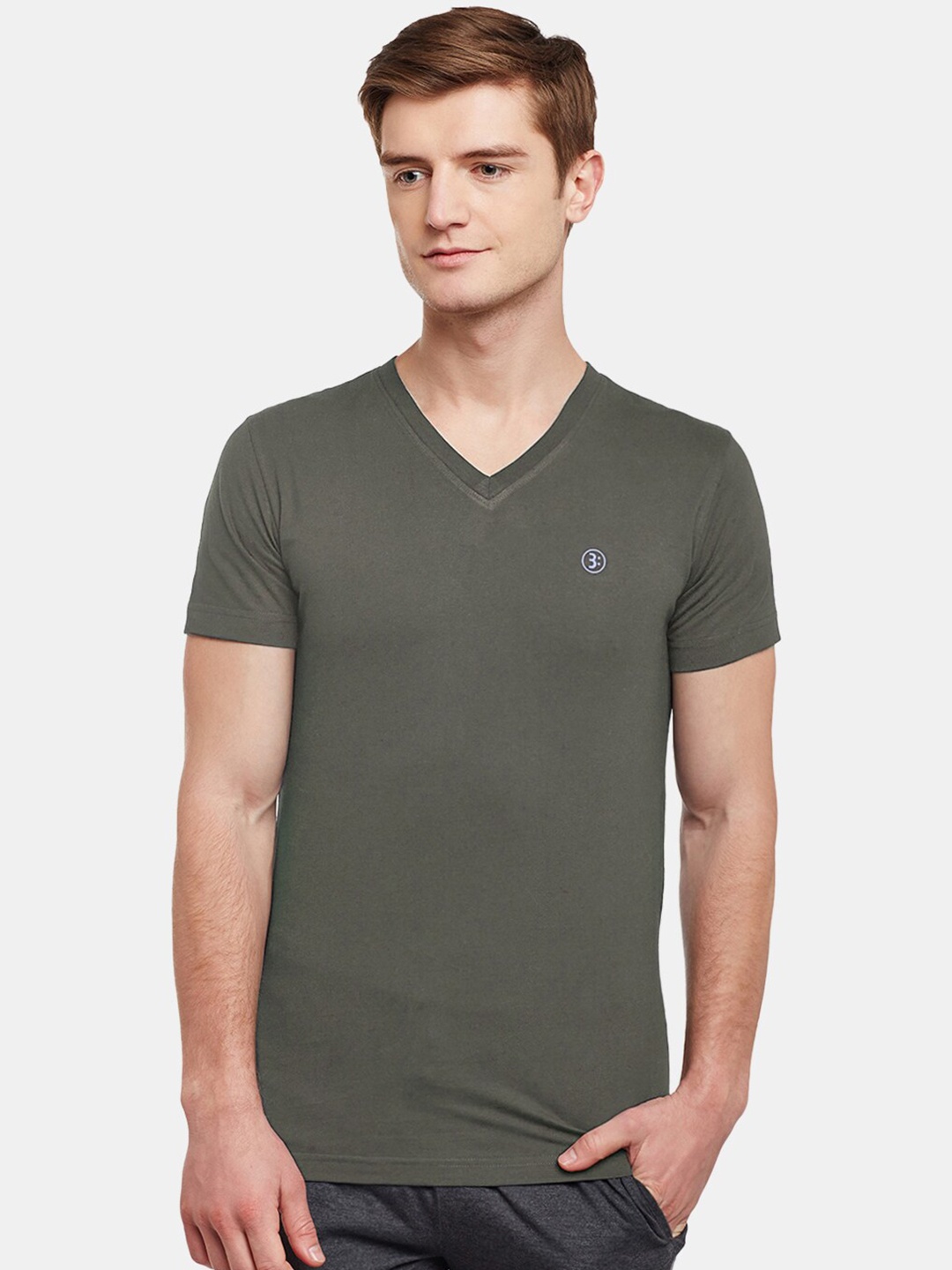 

BODYACTIVE Regular Fit V-Neck Cotton T-shirt, Olive