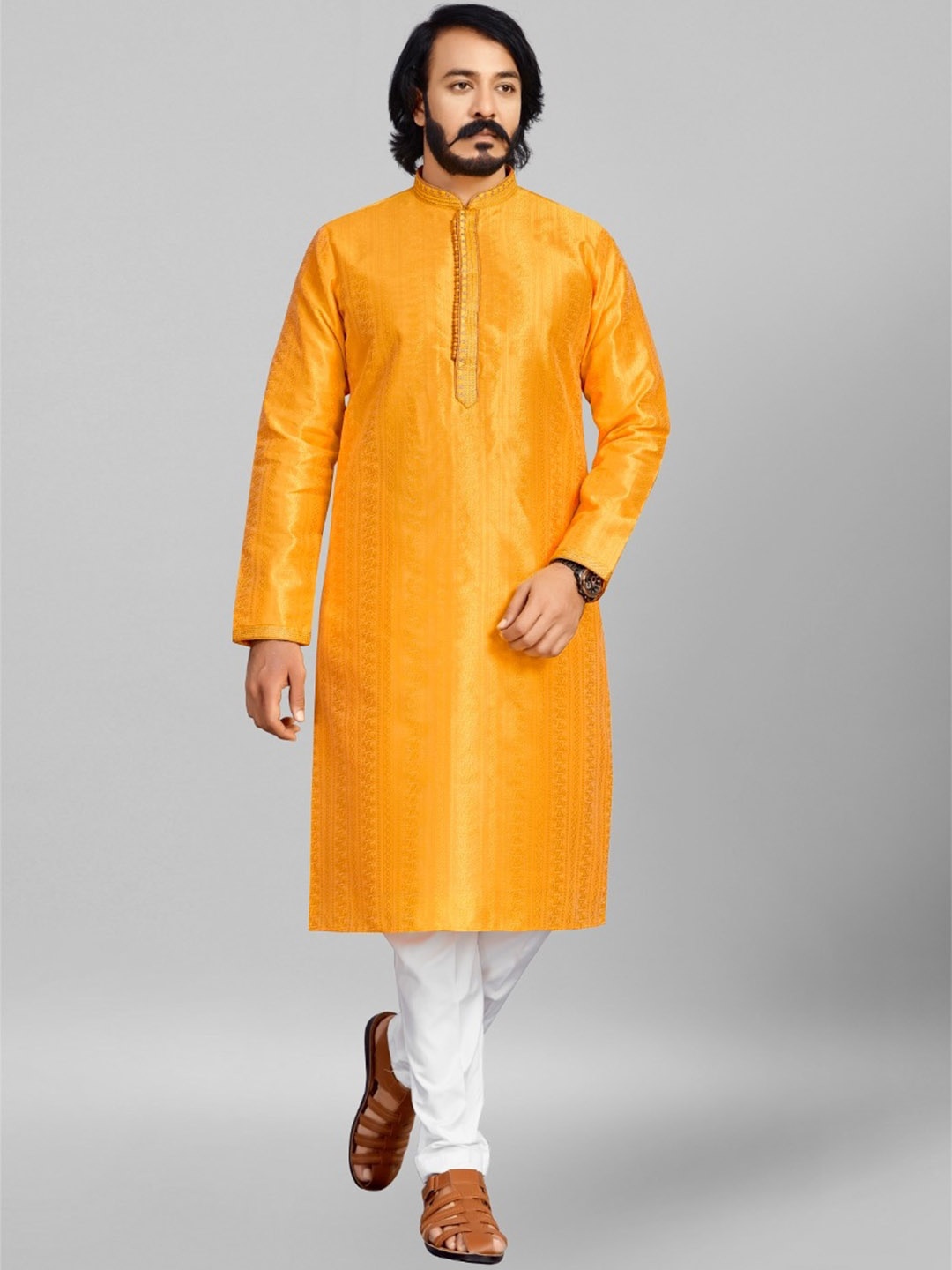 

COCOI LIFESTYLE Woven Design Pure Cotton Kurta With Pyjamas, Yellow