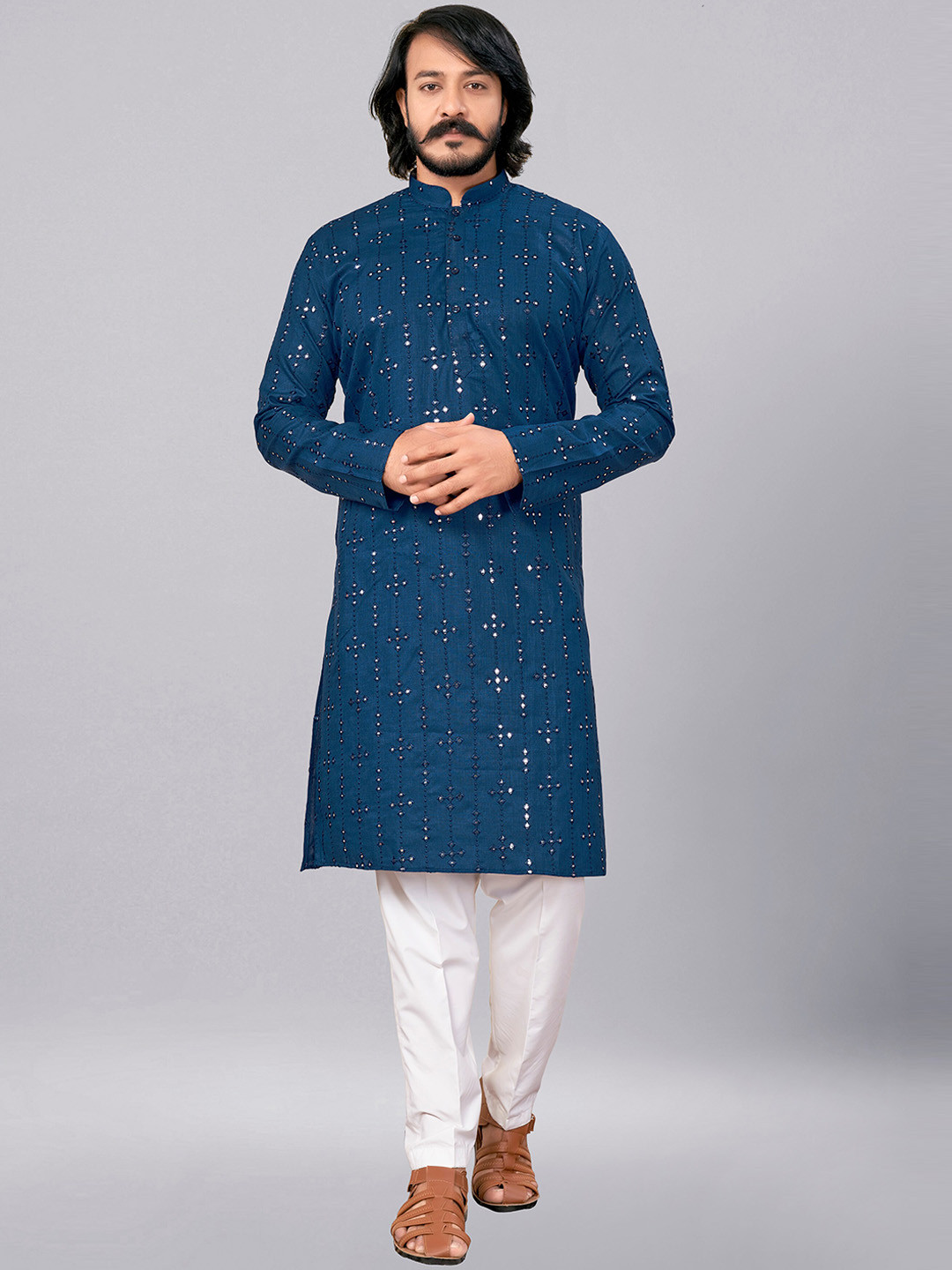 

COCOI LIFESTYLE Ethnic Motifs Embroidered Mirror Work Pure Cotton Kurta With Pyjamas, Turquoise blue