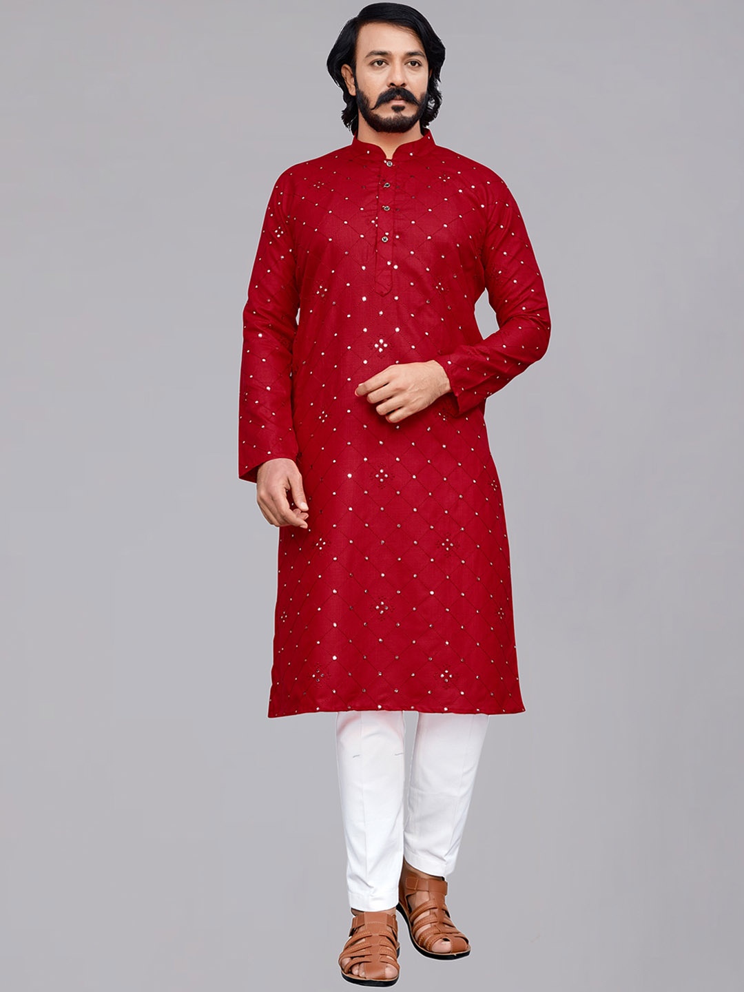 

COCOI LIFESTYLE Geometric Embroidered Mirror Work Pure Cotton Kurta With Pyjamas, Red