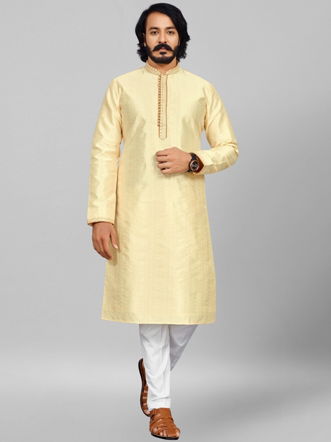 

COCOI LIFESTYLE Woven Design Pure Cotton Kurta With Pyjamas, Cream