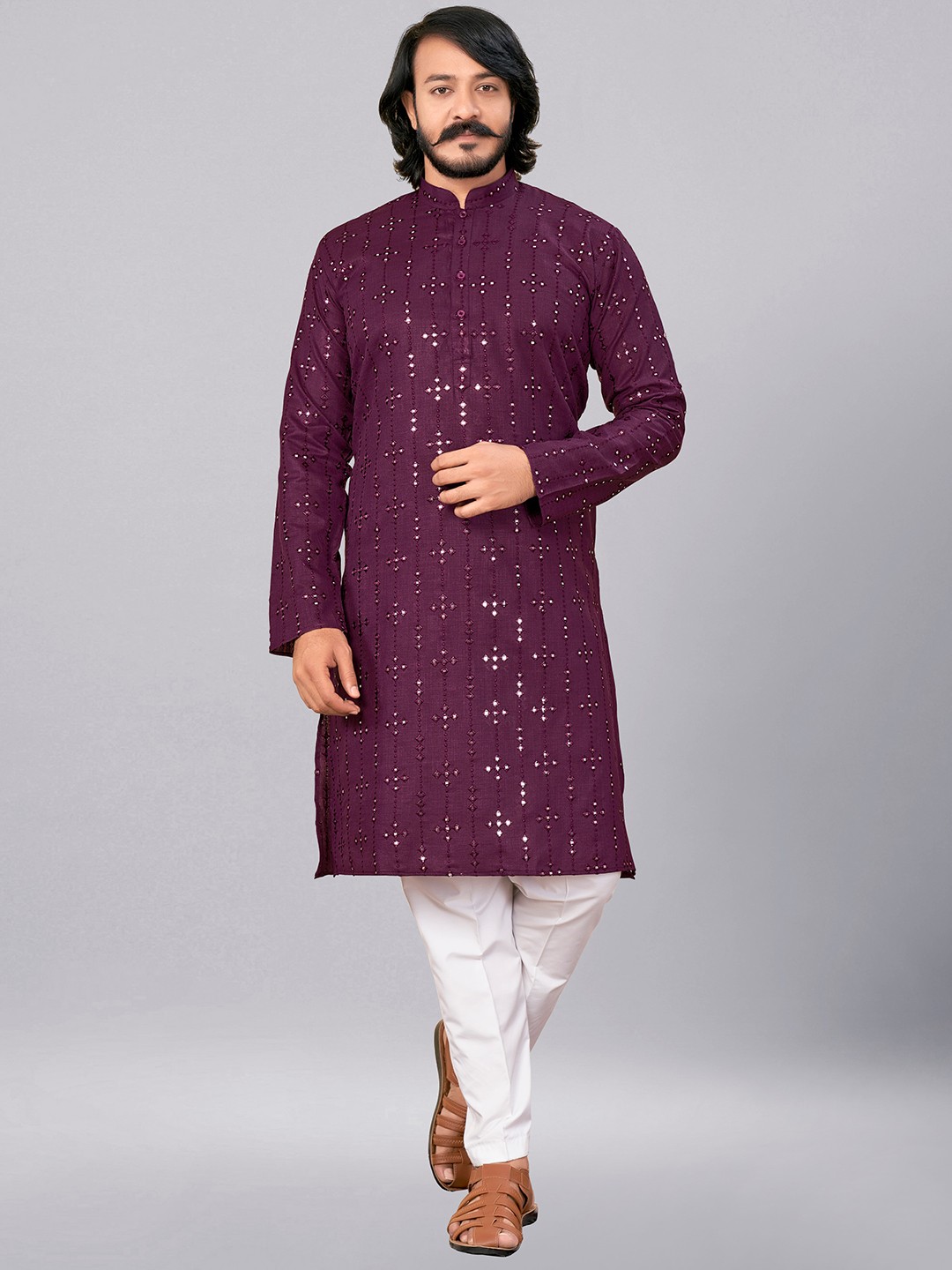 

COCOI LIFESTYLE Geometric Embroidered Mirror Work Pure Cotton Kurta With Pyjamas, Purple