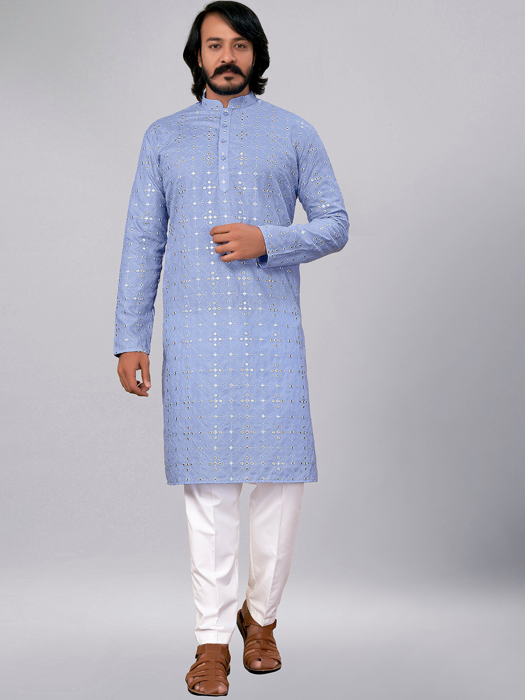 

COCOI LIFESTYLE Geometric Embroidered Mirror Work Pure Cotton Kurta With Pyjamas, Blue